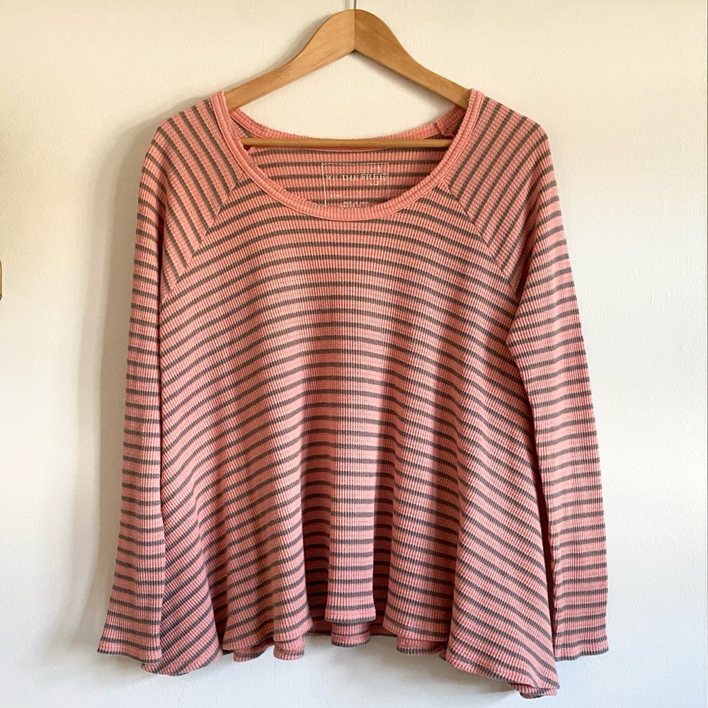 Free People Waffle Knit Stripe Long Sleeve Top Pink & Gray